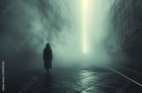 Escena solitaria con silueta de una persona andando en la calle por la noche.