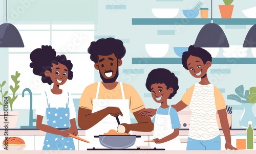 Happy african american family preparing healthy food in kitchen, having fun together on weekend, Generative AI 