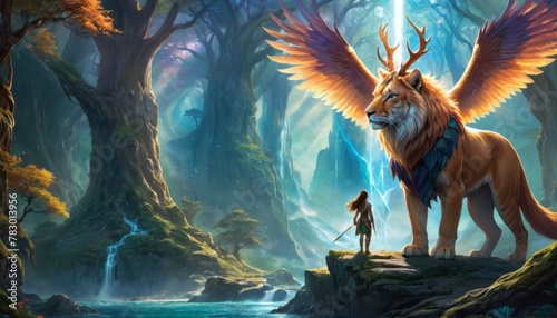 An ethereal forest scene with a warrior beside a majestic winged lion, casting an aura of fantasy and mystery in a luminous glade.. AI Generation