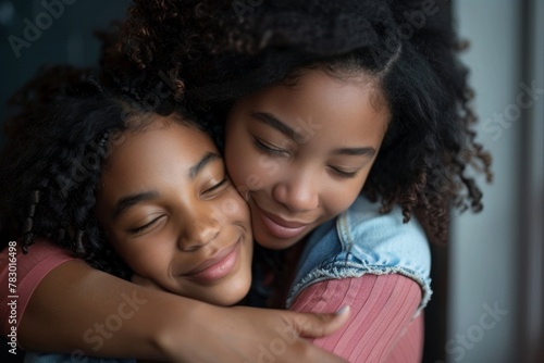 Caring african american mother hugging teenage daughter, enjoy moment of love, motherhood concept, Generative AI 