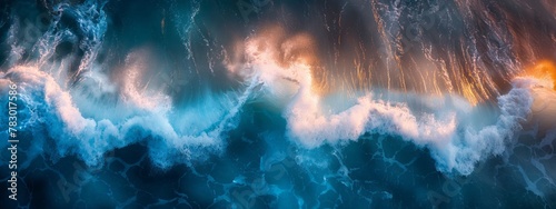 Aerial view of turquoise ocean water with splashes and foam for abstract natural background and texture