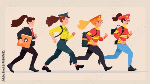 Women in different professions running in flat illustration. Lawyer, technician, firefighter, and doctor.