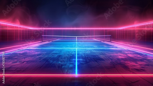 Glowing neon tennis field: A 3D vector illustration of a tennis court with glowing neon lines marking the boundaries