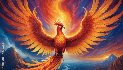 A majestic phoenix rises, its feathers ablaze with fiery hues, symbolizing rebirth and immortality against a dawn-lit sky. AI Generation