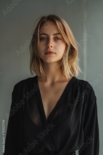 Portrait of a beautiful blonde girl in a black dress on a gray background