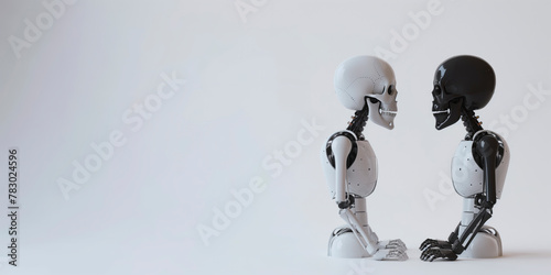 a white and a black robot human skeleton stare at each other, technological singularity concept