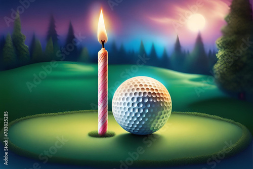 golf ball on a tee with a birthday candle stuck into the golf ball, as if it's being used as a birthday cake