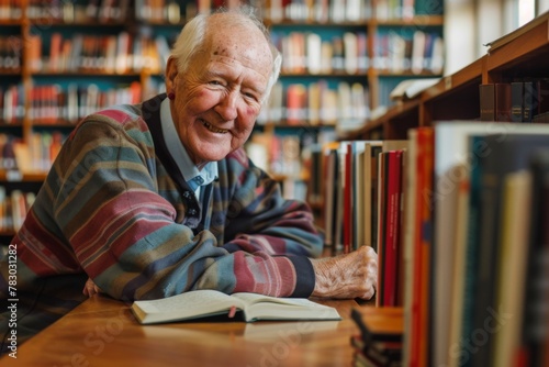 Smiling older man reading a book in the library
