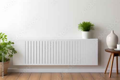 White radiator battery heating on the wall. Home heater convector isolated. Heating convector