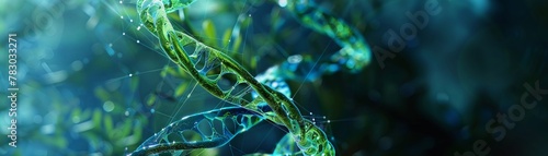 Blue and green intertwined DNA strands, symbolizing the role of genetics in organ transplantation and the importance of sustainable life , 8K resolution