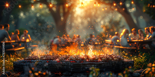 fire in the forest. A image of friends and family gathered for a summer cookout, with a grill sizzling, picnic tables set up, and laughter filling