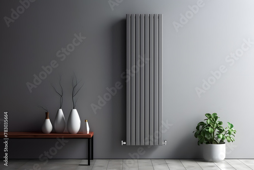 Black modern radiator battery heating on the wall. Home heater convector isolated. Heating convector