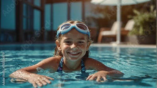 girl swims in the pool wearing glasses, snorkeling, diving