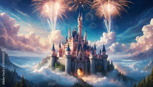 An enchanted castle rises above the clouds, its spires touching the sky, amid a grand fireworks display celebrating a magical event.. AI Generation