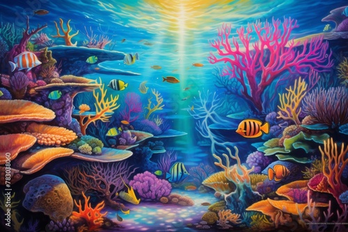 Vibrant underwater coral reef scene forming a colorful and enchanting wallpaper background