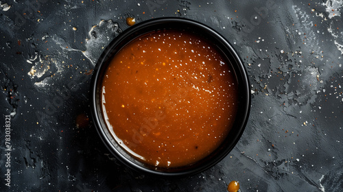Rich caramel sauce in a black ceramic dish against a textured dark backdrop with vibrant orange splashes. The composition highlights the glossy sheen and smooth consistency