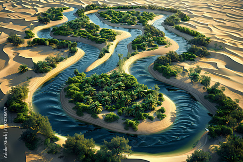 Create a surreal aerial landscape where sinuous canals carve through the arid desert landscape like shimmering ribbons, while desert flora and fauna gather around the life-giving water sources