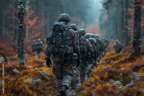 A military unit equipped for battle traverses a misty, moss-covered forest path echoing with an air of vigilance