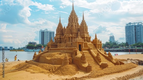 Intricate sand pagoda building by riverside a unique Songkran tradition