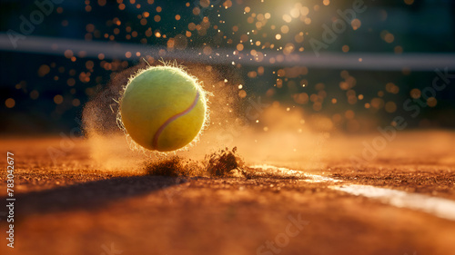 Tennis ball hitting the line on a clay court