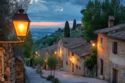 Evening descends on an Italian village with cobblestone streets and warm streetlights