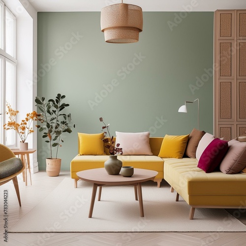 Wnętrze nowoczesnego salonu z kanapą i stolikiem w ciepłych odcieniach beżowego, brązowego, żółtego i bordowego