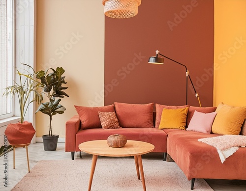 Nowoczesny salon z kanapą, stolikiem i roślinami w odcieniach brązu i pomarańczy