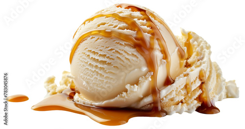 A scoop of vanilla ice cream drizzled with caramel sauce on a transparent background