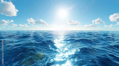 Fisheye view of calm seascape under a blue sky with sun glaring off the surface.
