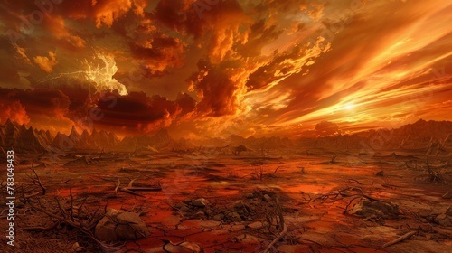 Barren wasteland with a fiery red sky and toxic clouds