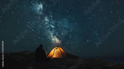 Beneath the starlit sky, my faithful companion and I camp under the vast expanse of the universe, our hearts filled with gratitude for the shared experiences of our journey.