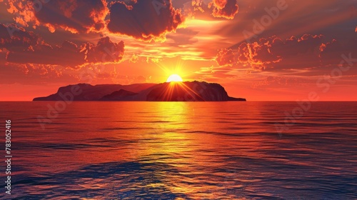 Sunset over sea with island silhouette in background AI generated