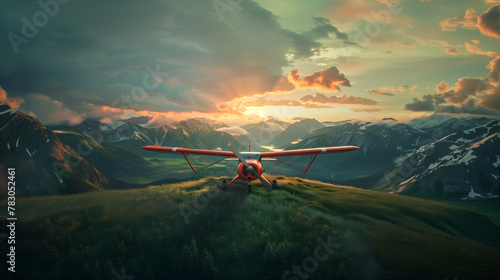 A spectacular shot of the monoplane captures breathtaking mountain landscapes: snow-capped peaks, lush valleys, and crystal-clear lakes, all contrasting with the sleek silhouette of the aircraft.