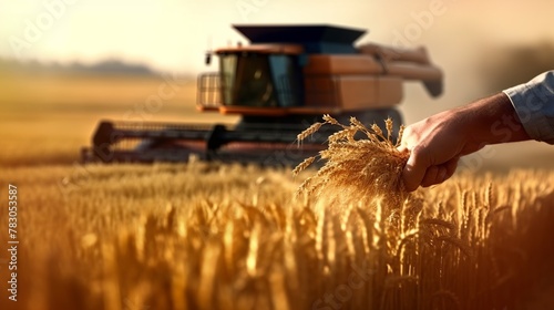 Combine harvester in action on wheat field. Harvesting concept