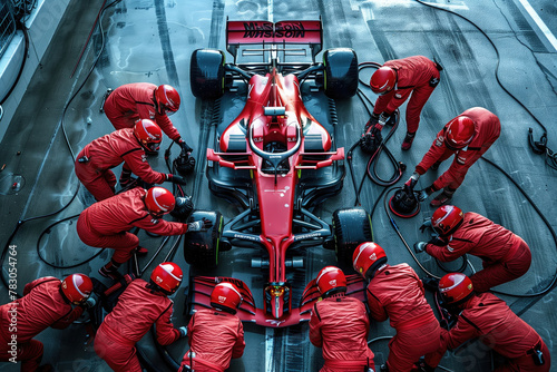 Professional pit crew ready for action as their team's race car arrives in the pit lane during a pitstop of a car race 