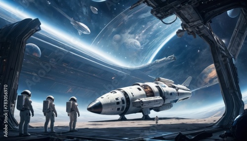 A group of astronauts in white suits stands before a futuristic spaceship docked in a massive space station hangar, with a stunning cosmic vista in the background. AI Generation