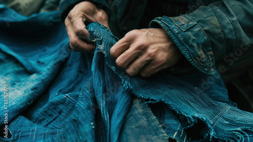 A person holding a piece of cloth in their hands, examining the fabric closely