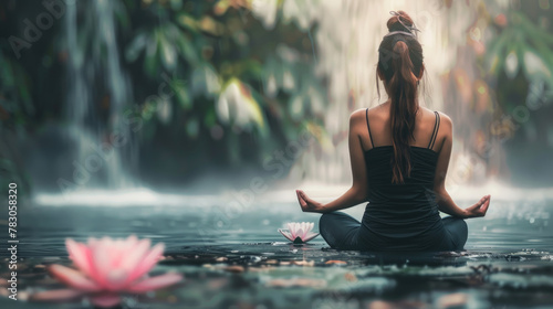 A woman meditates in lotus position by a cascading waterfall, holding a lotus flower, exuding peace and mindfulness