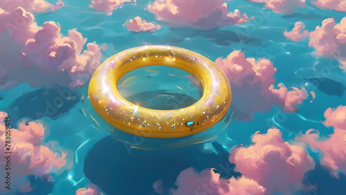 shiny yellow inflatable ring floating at swimming pool. sky with pink clouds is reflected in water. horizontal summer photo with copy space background