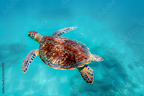 Belle tortue nageant vue du dessus