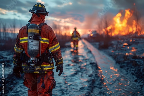 A firefighter fully geared confronts a raging wildfire, embodying bravery, emergency response, and the fight against natural disasters