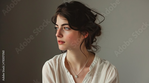 minimalist beauty portrait sheer ivory blouse delicate silver necklace