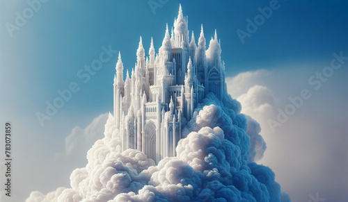 A fantastical castle with intricate spires rises majestically above the clouds against a clear blue sky, creating an ethereal and dreamlike scene.