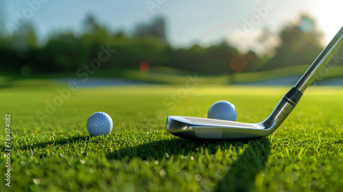 Golf Precision, Close-up of a golf club and ball on a sunny green fairway.