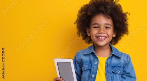 Photo of curly latino boy on yellow background holding tablet or laptop smiling with toothy smile