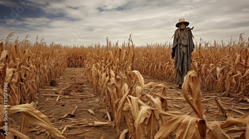 Scarecrow stands alone amid cornstalks