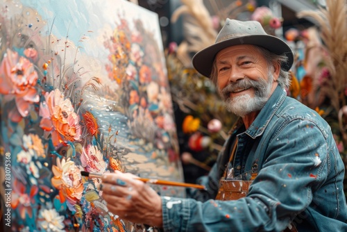 Cheerful elderly man painting colorful flowers on a canvas, denim jacket.
