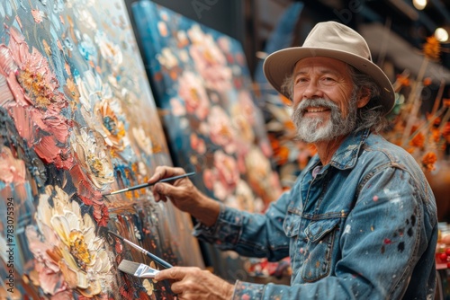 Cheerful elderly man painting colorful flowers on a canvas, denim jacket.