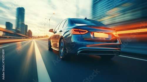 Fast modern car driving on city road. Speed motion blur