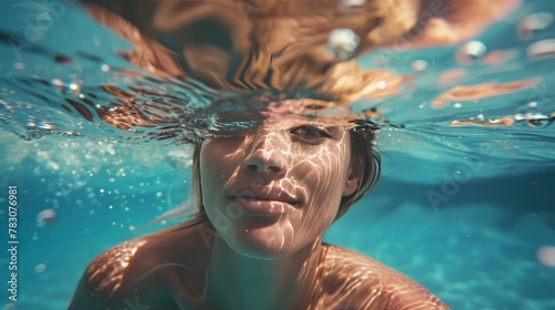 Underwater portrait of a young woman swimming in a refreshing blue pool on a sunny summer day